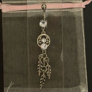 BRAND NEW NEVER USED Silver Dreamcatcher Dangle Belly Ring with Clear Crystals
